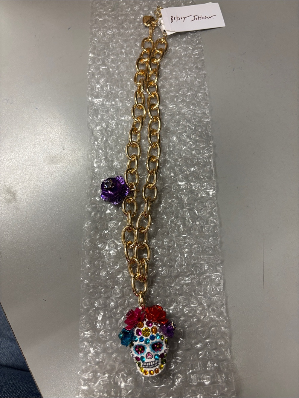 Betsey Johnson Gold Chain Necklace with Colorful Sugar Skull Pendant